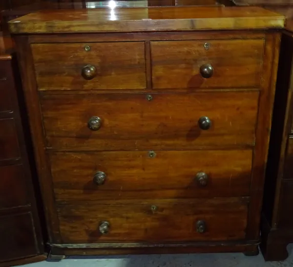 A Victorian mahogany chest of two short and three long drawers, with bun handles, 97cm wide x 107cm high.  L8
