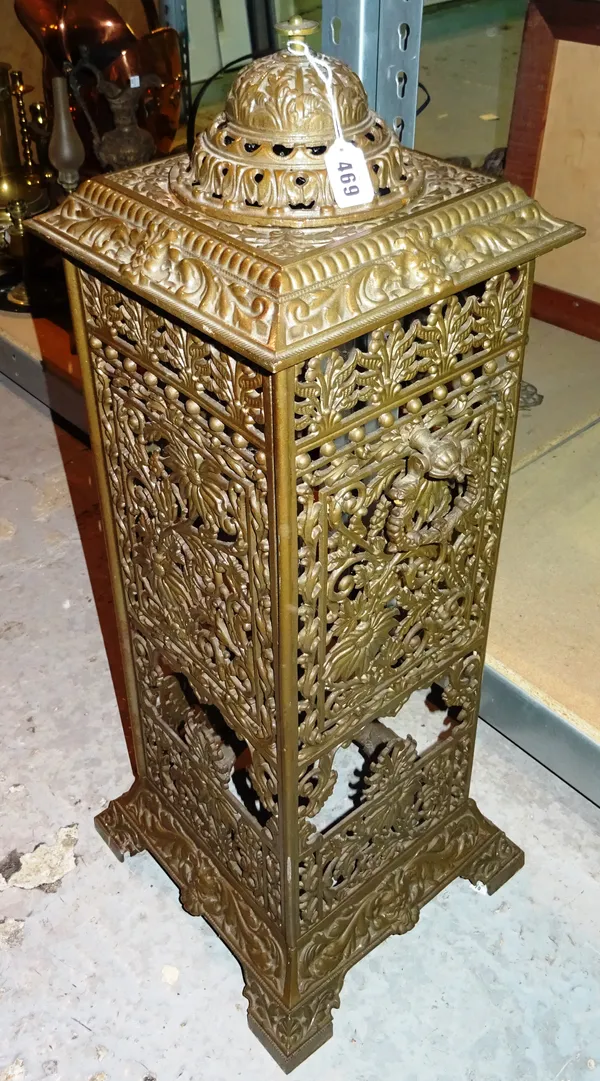 A green painted pierced metal square Cathedral heater, 30cm wide.  S3