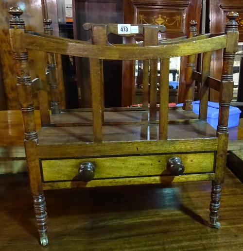 A late Regency mahogany Canterbury, with single drawer base, 45cm wide, together with a 20th century oak footstool, 98cm wide, (2). L7