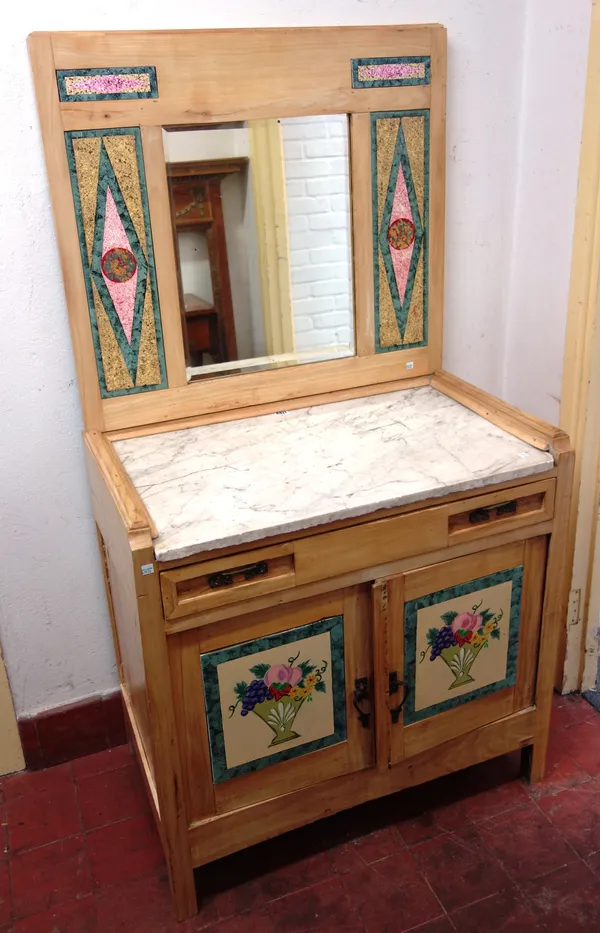 A late 19th century Italian pine side cabinet with marble top over single drawer and cupboards 85cm wide x 85cm high x 51cm deep, together with a mirr
