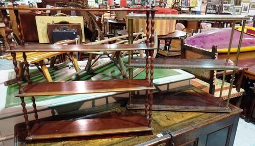 A four tier walnut open hanging shelf and a gilt metal and lacquer hanging shelf, 73cm wide.  H9