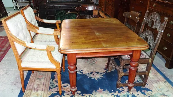 A pair of 18th century French style stained beech armchairs, a George IV mahogany open armchair, a side chair and a early 18th century and later carve