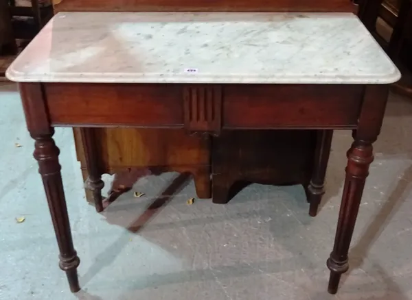 A Victorian mahogany and marble top side table, two frieze drawers, on fluted legs, 93cm wide x 97cm high.  M5