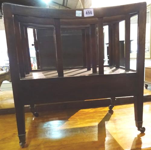 An early 19th century mahogany Canterbury, three division top within tapering uprights, brass cappings and castors, 46.5cm x 33cm.  M9