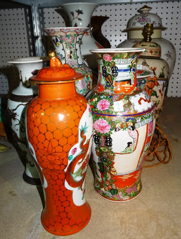A group of large decorative vases, including a Chinese export style vase and cover, a Doulton vase decorated with leaves, Chinese vases and sundry, (q