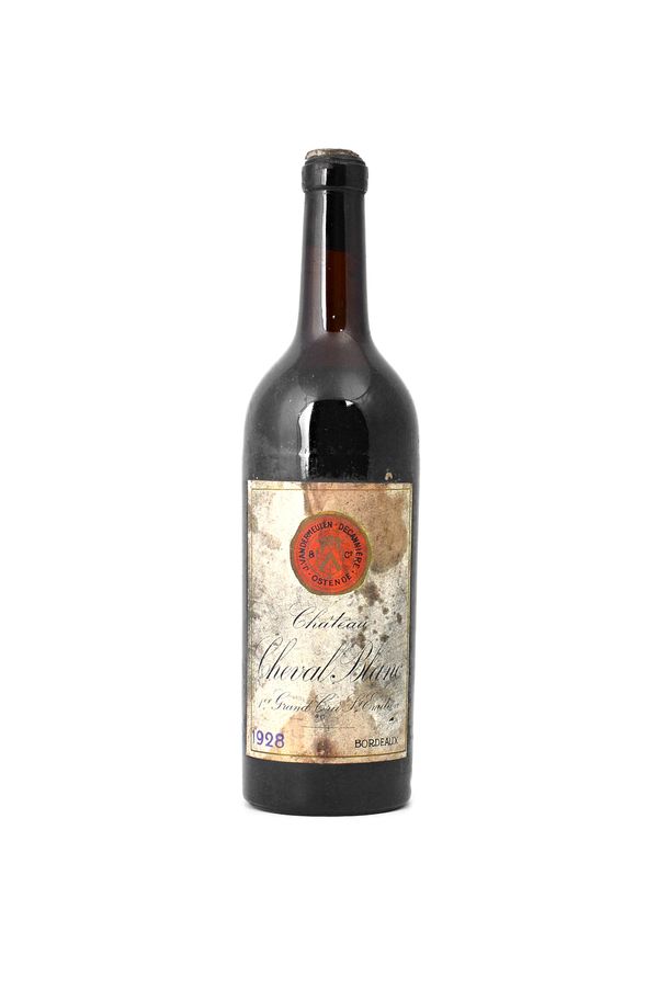 One bottle of 1928 Cheval blanc, Grand Cru, St Emilion Bordeaux, red badge to centre of label 'J. Vandermeulen Deanniere Ostende', (level at top of sh