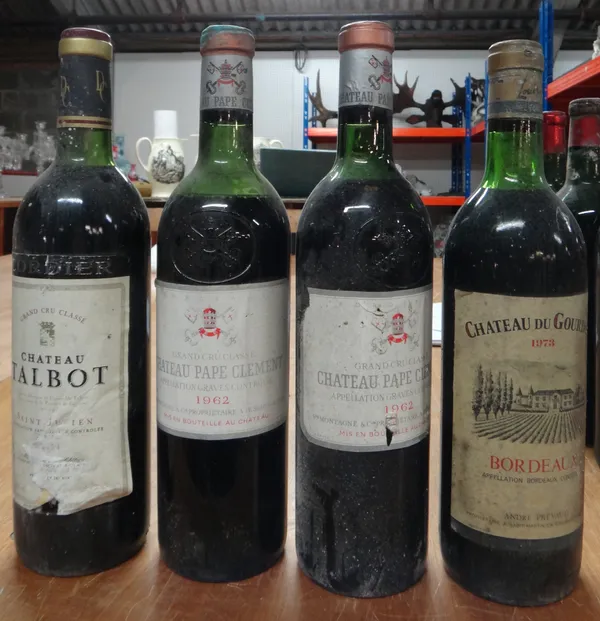 Twelve bottles of red wine, comprising; two 1961 Chateau  Pauillac Medoc, 1989 Chateau Lamothe de Haux Bordeaux, 1973 Chateau du Gourdon Bordeaux, 196