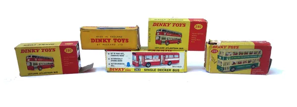 Nine Dinky die-cast buses, including; a 283 BOAC coach, two 292 Leyland Atlantean buses, a 293 Leyland Atlantean bus, a 283 single decker bus and four