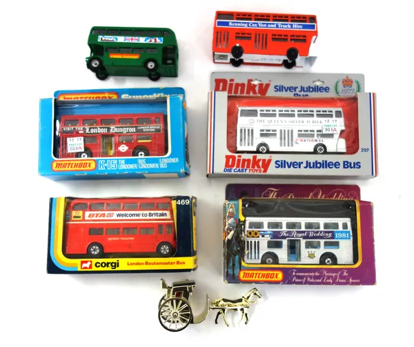 A quantity of die-cast vehicles, mainly buses, including; Corgi 469 Routemaster, Matchbox 'Royal Wedding', Matchbox K15 Londoner, Budgie 236 Routemast
