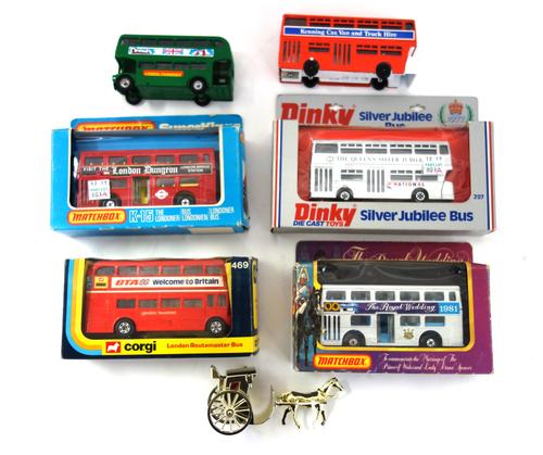 A quantity of die-cast vehicles, mainly buses, including; Corgi 469 Routemaster, Matchbox 'Royal Wedding', Matchbox K15 Londoner, Budgie 236 Routemast