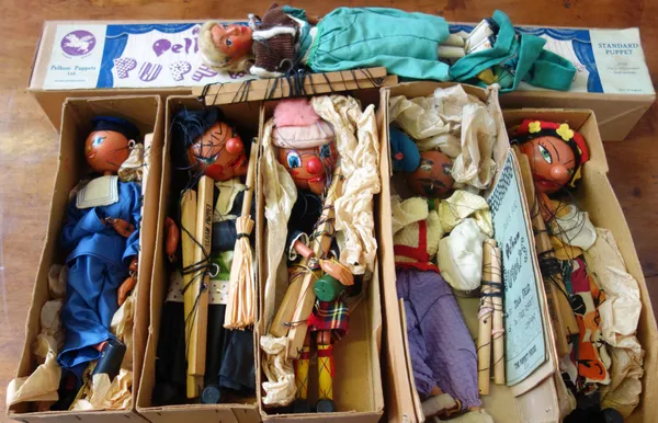 Four Pelham puppets, standard construction, in brown card boxes, comprising; Russian Woman, Sailor, Witch and Macboozle, together with two further Pel