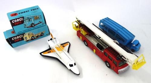 A quantity of die-cast vehicles, including; a Corgi 454 Commer (5 ton) platform lorry, boxed; a Corgi 413 Smiths 'Karrier Bantam' mobile butcher's sho