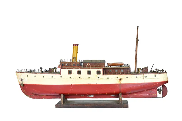 A scale model wooden steam ship, early 20th century, red and cream livery, with an internal 'Stuart' steam powered engine and boiler (a.f), 96cm long.