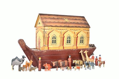 A German wooden Noah's Ark, early 20th century, polychrome painted with 'bluebird' to the roof, 63cm wide, including approximately forty pairs of orig