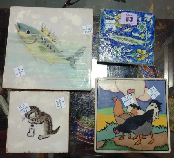 A Dunsmore for Minton fish tile, a Dunsmore for Minton kitten tile, an Iznik tile, a Carter tile and sundry, (qty).  CAB