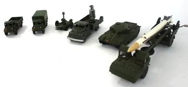 A quantity of die-cast military vehicles, mainly Dinky, including; a 651 Centurion tank missile erector, a 622 ten ton army truck, a 688 field artille