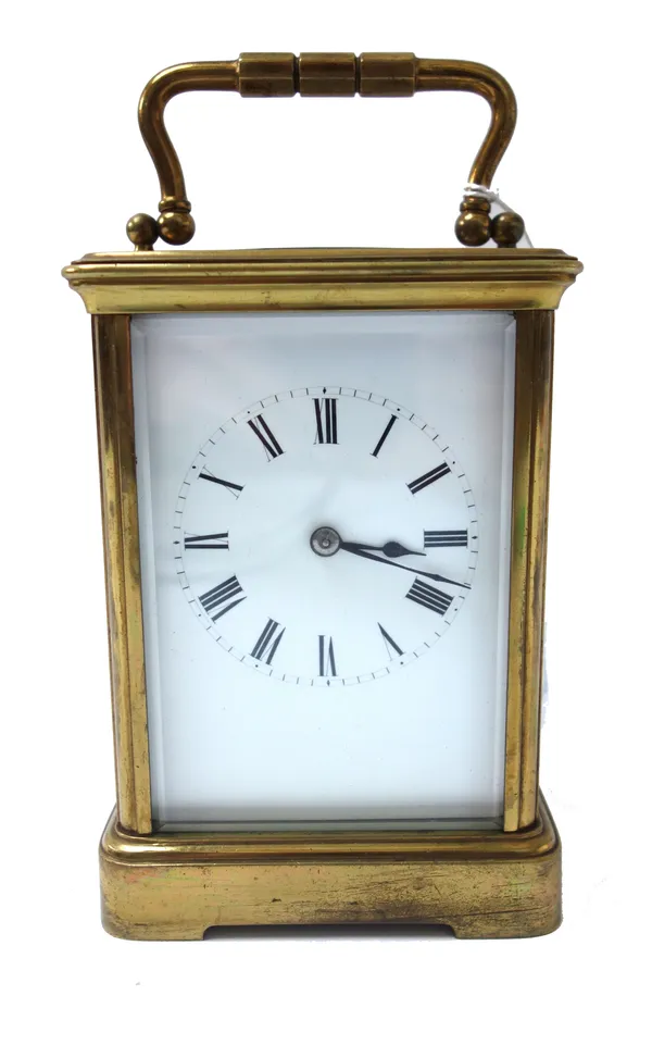 A French R&C brass cased carriage clock, circa 1900, with white enamel dial and a single train movement, (11cm high) and a French R&C brass cased carr