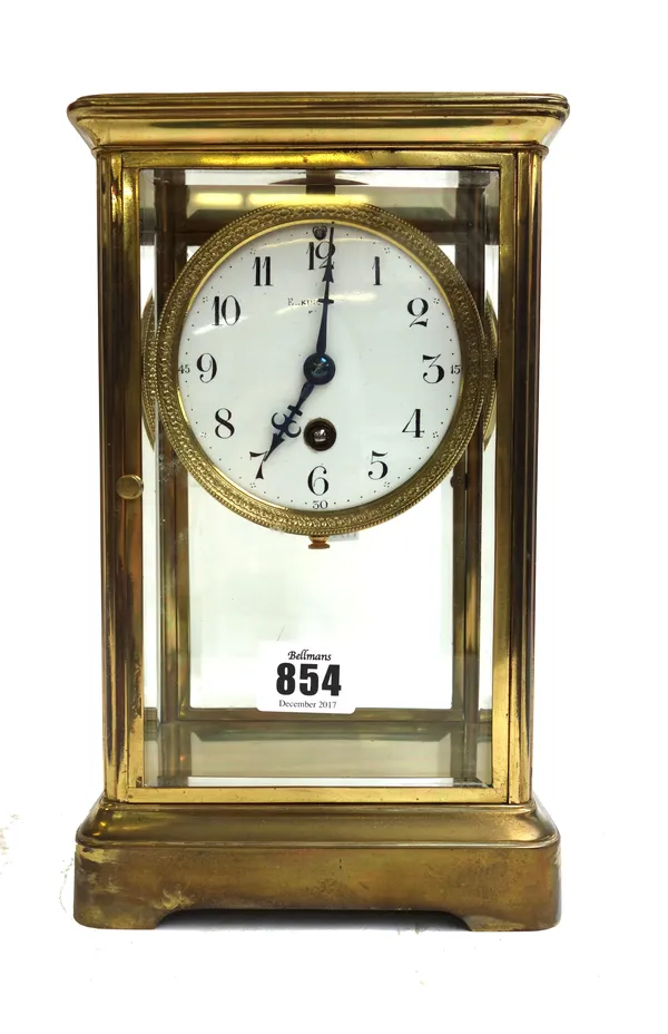 A French brass cased four glass mantel clock, early 20th century, the white enamel dial indistinctly marked 'ELKINGTON', with a single train movement,