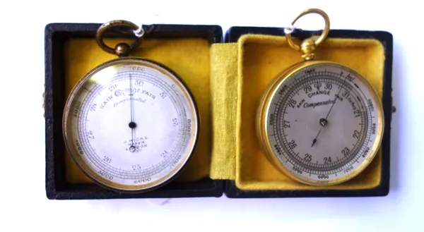 A J. Hicks; a brass cased compensated pocket barometer, late 19th century, 5cm diameter, and another brass cased compensated pocket barometer, (2).