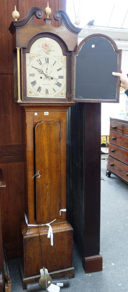 A George III oak longcase clock, indistinctly signed '(?)Coldstream', the case with swan neck pediment, with painted dial and eight day movement, 214c