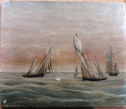 English School (c.1900), Vessels at sea, oil on canvas, unframed, 38cm x 46cm.  CAB