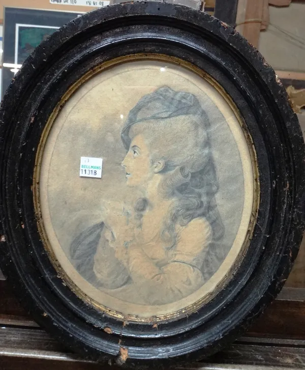Manner of John Downman, Profile portrait of a lady, pencil, oval, 20.5cm x 17cm. H1