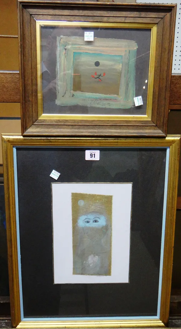 Laura Nitkin (20th century), Portrait, mixed media, signed and dated 1984, 25cm x 18cm; together with a further painting by another hand of a burning