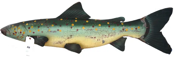 An early 20th century novelty 'Fish' advertising sign, polychrome painted with applied fins, (a.f), 115cm.