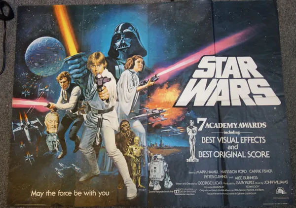 Five vintage film posters, comprising; Star Wars, circa 1977 (101cm x 76cm), Empire Strikes Back, silver painted title, 1st print version (95cm x 76cm