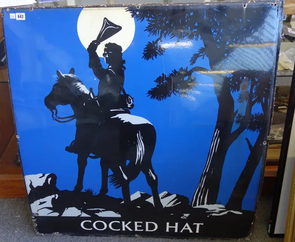 A pair of vitreous enamel signs for the Cocked Hat pub, signed with artist's initials 'GA', (a.f), 96cm x 92cm, (2).