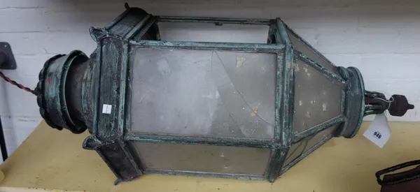 A painted metal lantern, mid-20th century, of hexagonal pagoda form, from Southsea Front, (a.f), 90cm high.