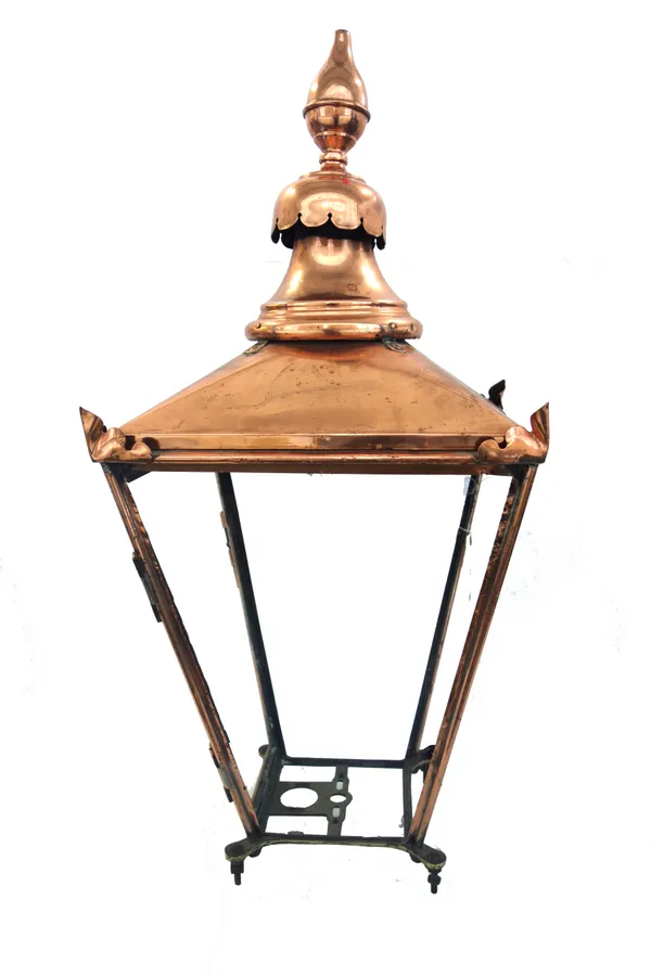A Victorian copper plain lantern (lacking glass), of square tapering form (a.f), 90cm high.