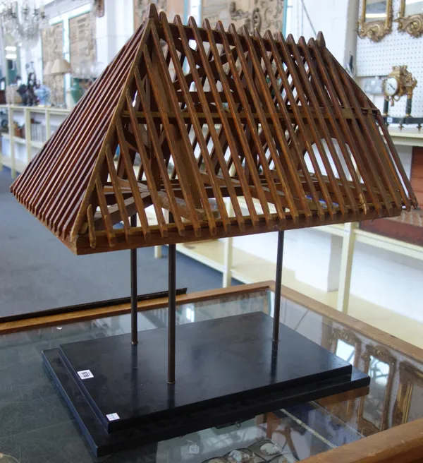 A wooden built architectural model roof, probably French, late 19th/early 20th century, on a later stand, 65cm high.