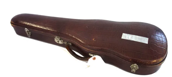 A violin, 19th century, with interior paper label for 'J & J Simpson', and further partial label, 'Duff 1930', 13.75 inches long minus button, togethe