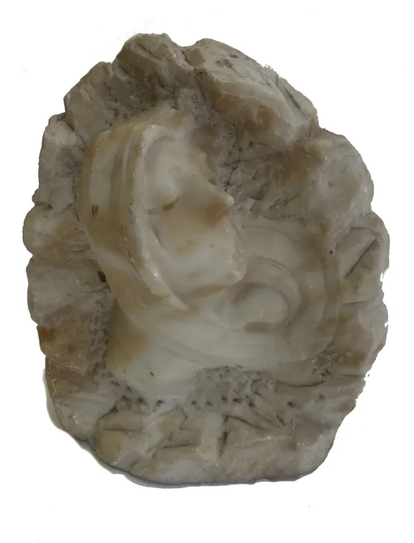 A white alabaster sculpture, early 20th century, depicting a relief carved and robed female bust against a naturalistic ground, 30cm high.