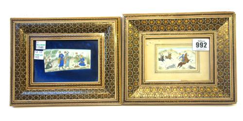 Two Persian miniatures on ivory, 19th century, by 'H. Ali Sajjadi', one depicting an equestrian hunting scene, the other with figures playing musical