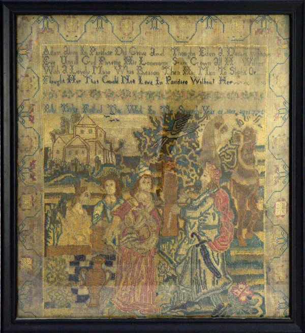A needlework embroidery by Polly Taylor dated 1778, depicting camels and Persian figures against a landscape, with moral verse above, in a wide foliat