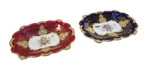 A Minton bone china dessert service, 20th century, foliate decorated against an alternating blue and pink ground, comprising; twelve plates, 23cm diam