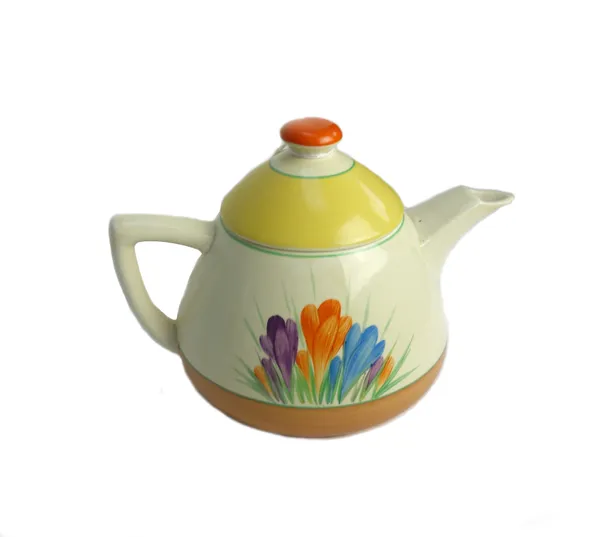 A Clarice Cliff teapot and cover, of Lynton shape, circa 1930, decorated in the 'Autumn Crocus' pattern, printed marks, 13.5cm high.