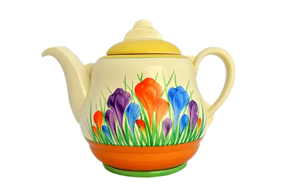 A Clarice Cliff and Royal Staffordshire teapot and cover, of Windsor shape, circa 1936, decorated in the 'Autumn Crocus' pattern, printed marks, 16cm