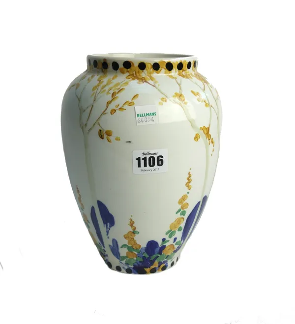 A Spencer Edge vase, circa 1920, decorated with stylised trees and foxgloves against a plain ovoid ground, with painted and impressed marks, 23cm.high