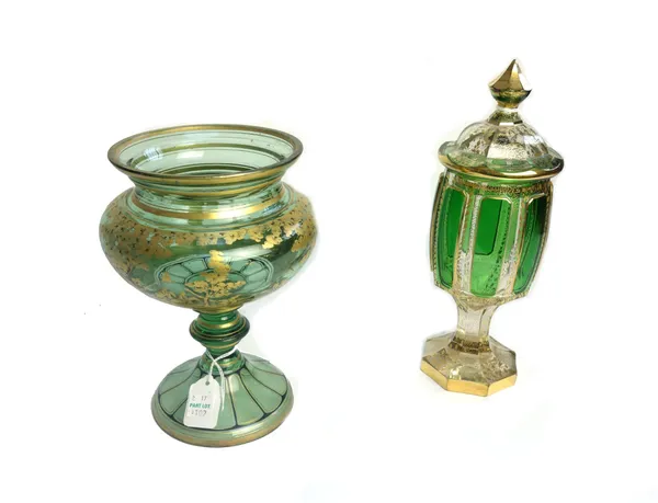 A Moser style gilt green glass goblet and cover, late 19th century, gilt foliate decorated against an octagonal body, 24.5cm high, and a green and gil