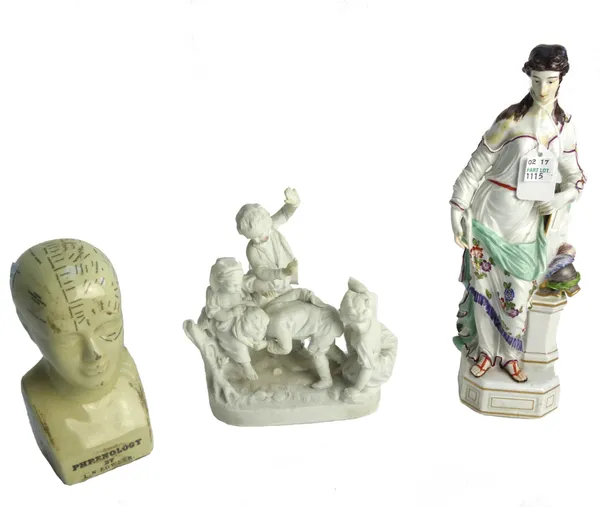 A French biscuit porcelain figure group, probably La Courtille, late 18th/early19th century, modelled with young children at play, incised crossed arr