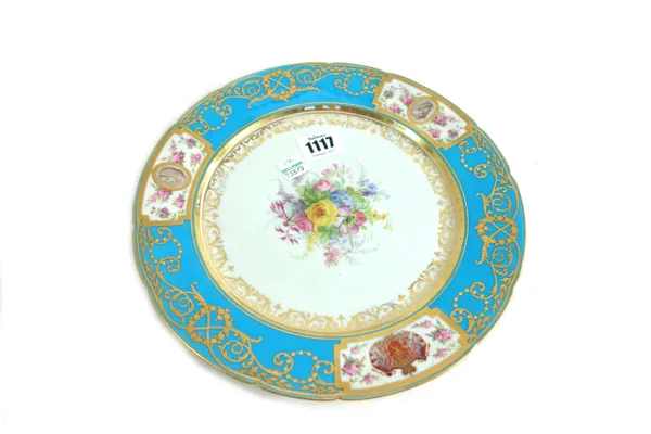 A French Sevres style porcelain turquoise and gilt part dinner and tea service by Maison Jacquel, Rue de la Paix, circa 1880, detailed with an armoria