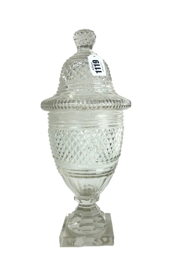A hobnail cut glass bonboniere and cover, 19th century, a 19th century glass footed bowl, 18.5cm high, a pair of 19th century oval cut glass sweetmeat