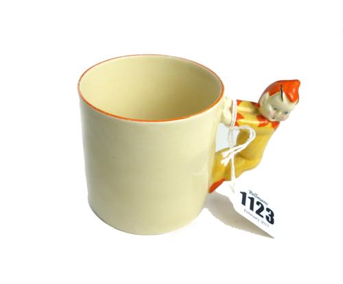 A Clarice Cliff small child's mug, circa 1930, the handle formed as an imp, printed marks, 7cm high.