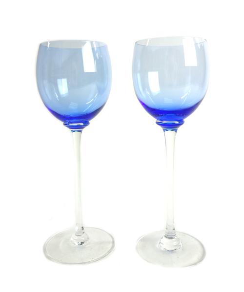 A set of twelve Sevres crystal wine glasses, 20th century, six different coloured pairs, etched 'Cristal Sevres France', 18.8cm high, (12).