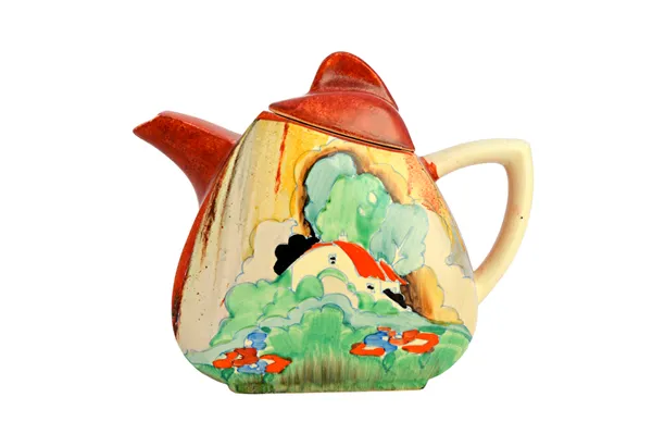 A Clarice Cliff teapot and cover, circa 1936, decorated in the 'Forest Glen' pattern, printed marks, 13cm high.  Illustrated