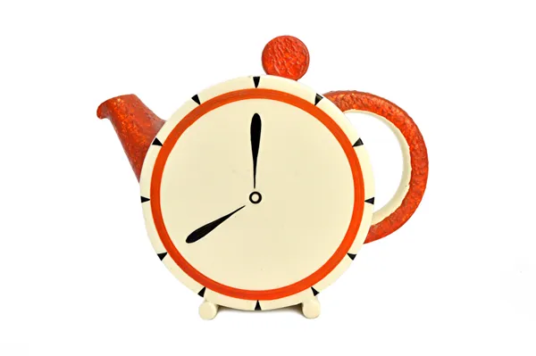 A Clarice Cliff Bizarre teapot and cover, of Bonjour shape, circa 1936, decorated to one side with a clock dial, printed marks, 13cm high.  Illustrate
