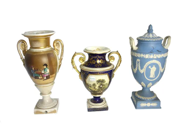 An early 19th century Derby two handled vase of urn form with painted vignette of Germany (22cm high), a Continental porcelain two handled vase of urn